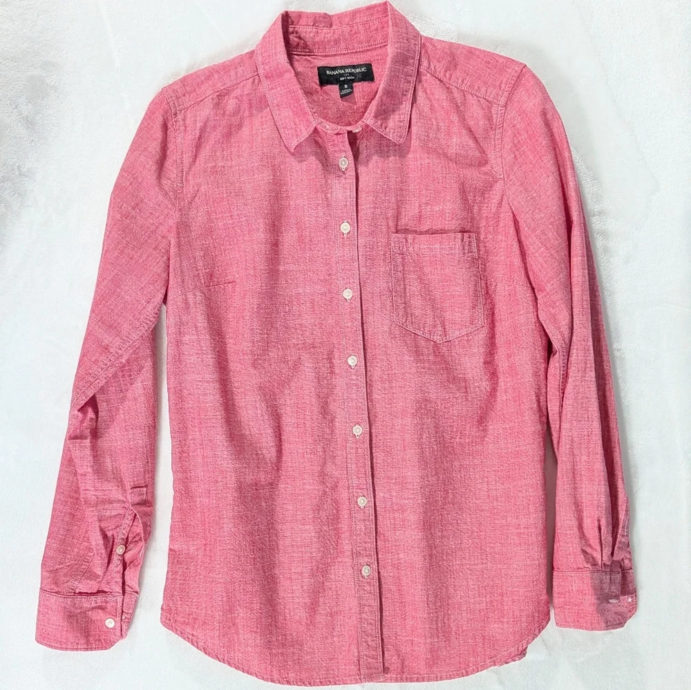 ❤️ Banana Republic Soft Wash 100% Cotton Red Long Sleeve Collar Shirt Size Small